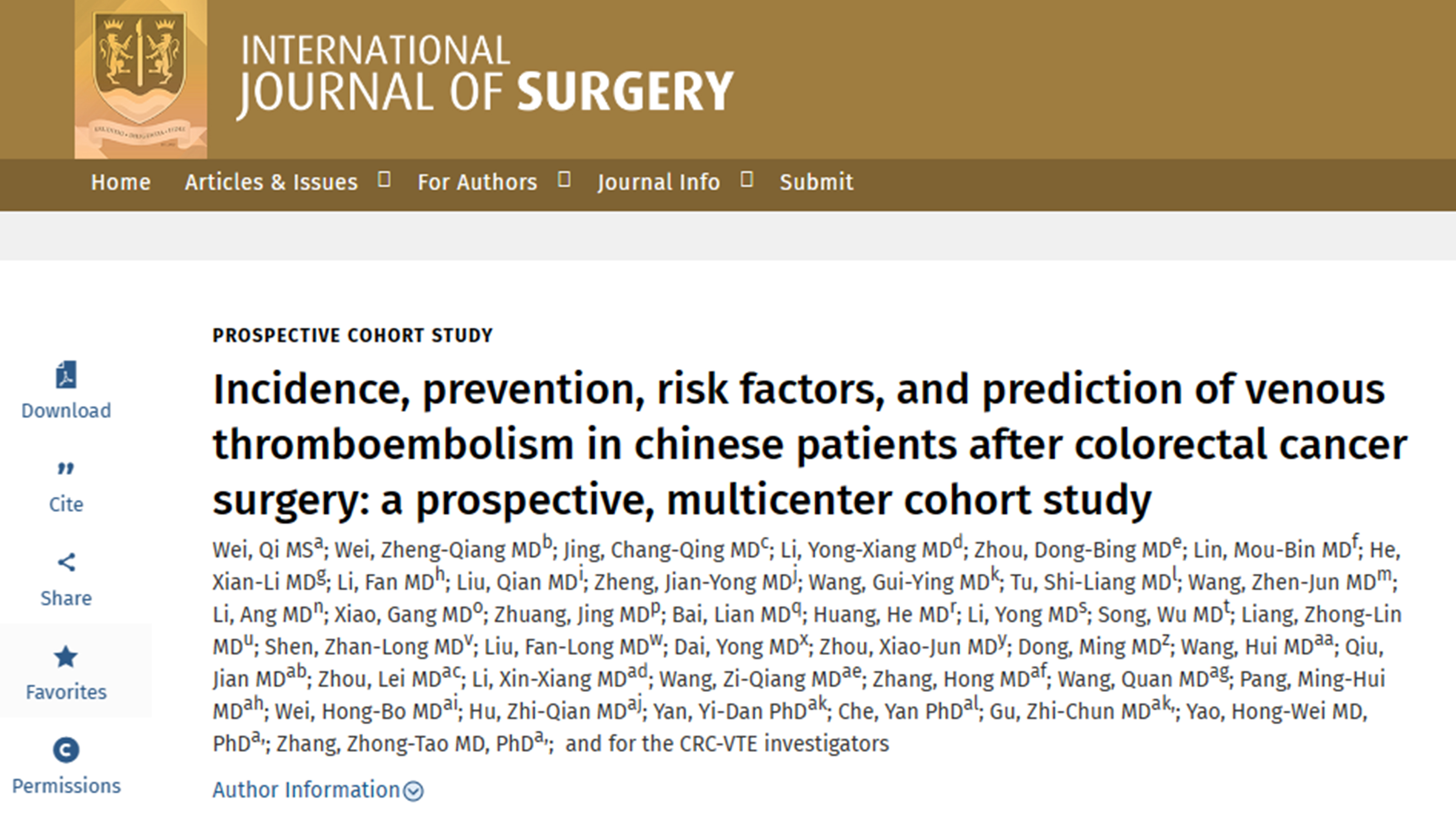 中國(guó)專(zhuān)家團(tuán)隊(duì)首次闡述中國(guó)結(jié)直腸癌患者術(shù)后 靜脈血栓栓塞(VTE)發(fā)生率、預(yù)防和預(yù)測(cè)模型
